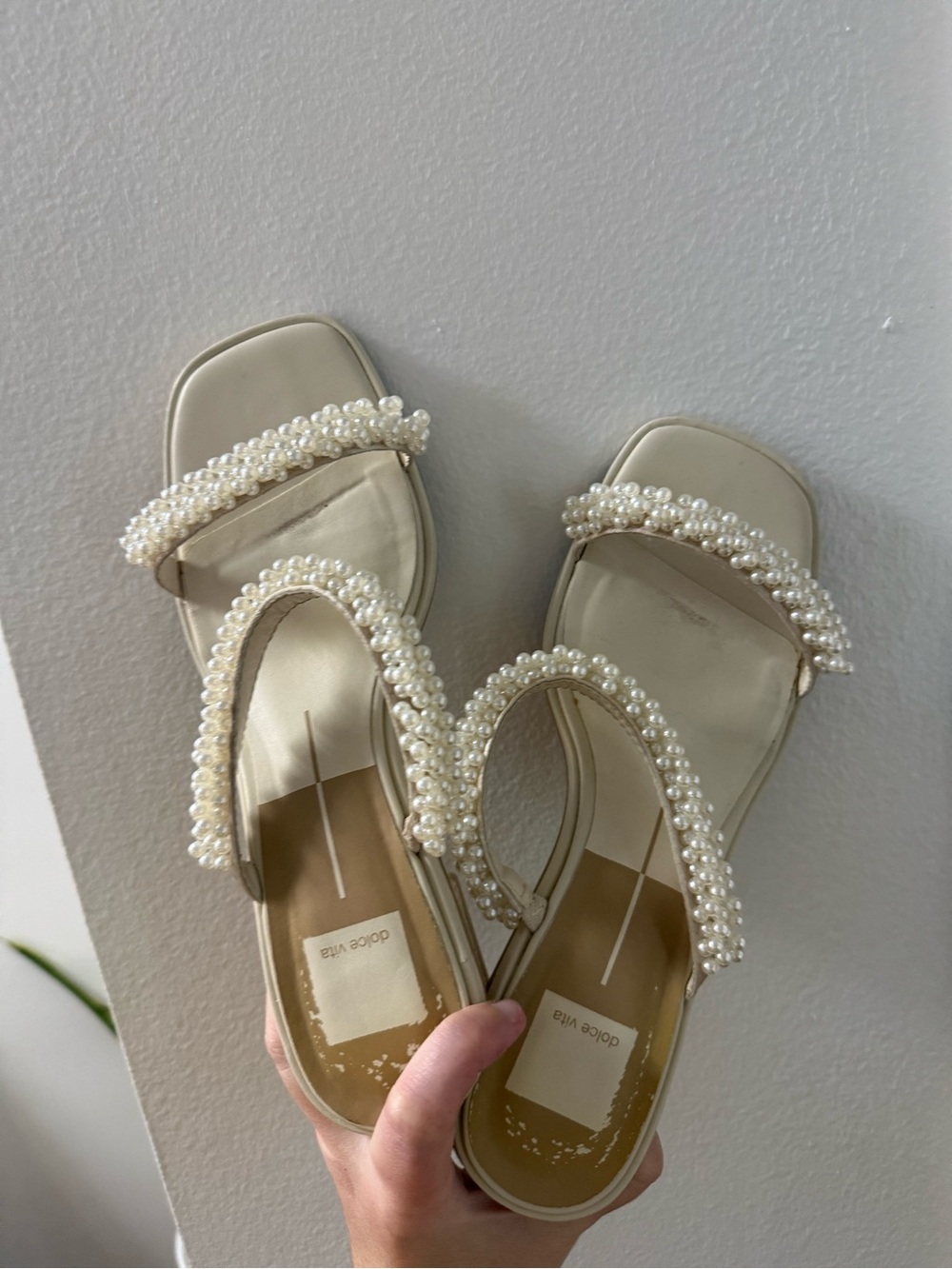 Dolce Vita Pearl-Embellished Cream Block Heel Sandals